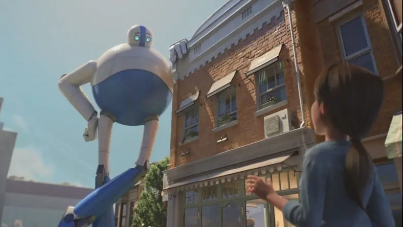 Scene from a Passion Pictures animation showing a large robot looking down on a woman