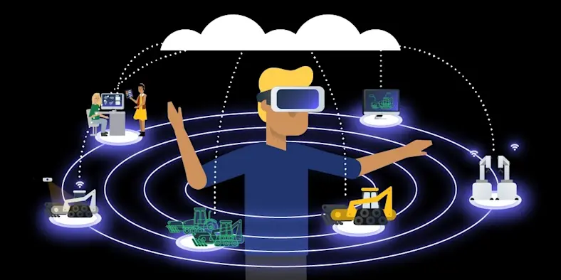 A rendering of someone using VR glasses to work