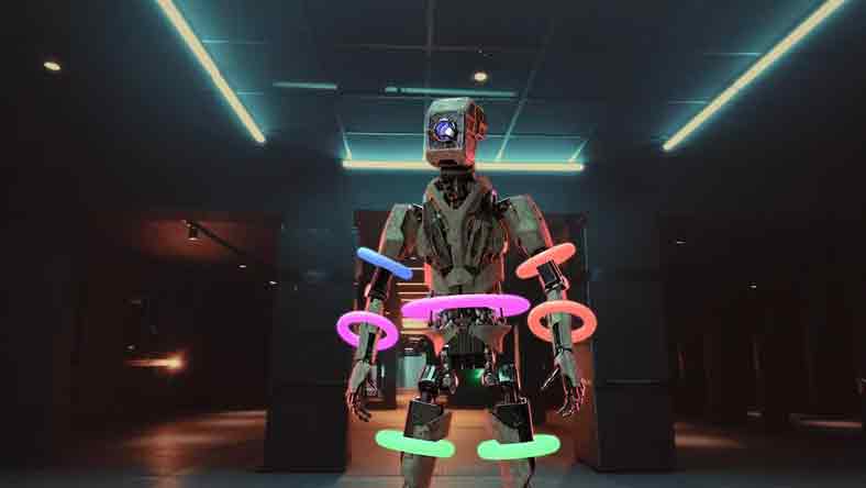 A scene generated using markerless motion capture shows a robot character with colorful donut markers around its limbs.