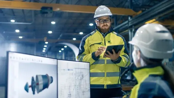 A man and a woman in construction jackets and white hard hats discuss plans on a tablet and two monitors.