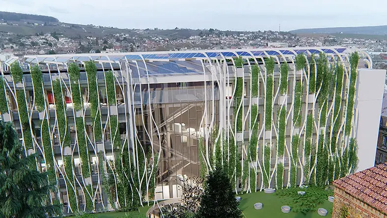 A biophilic building design features lush vegetation on the exterior.