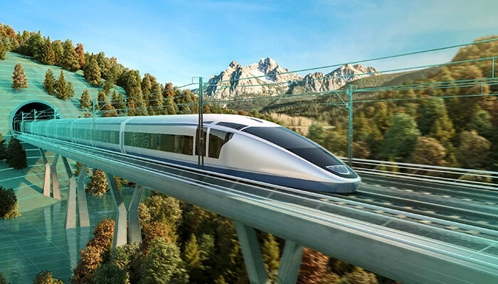 illustration of high speed rail coming out of a mountain