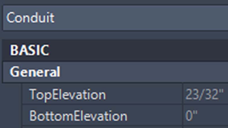Conduit properties showing "TopElevation" and "BottomElevation" 