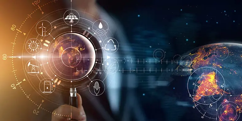 Collage of Earth, magnifying glass, and compass overlay with icons for energy sources