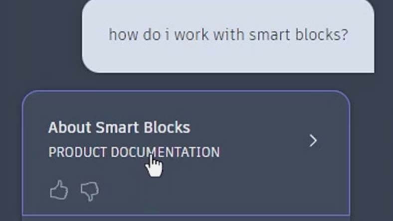 Chat interface showing a user asking about Smart Blocks, with a clickable Product Documentation link for more information.
