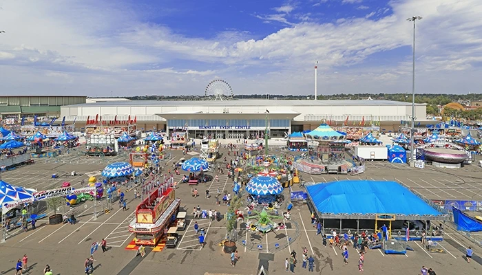 exterior view of Bennett Events Center and parking lot with fair