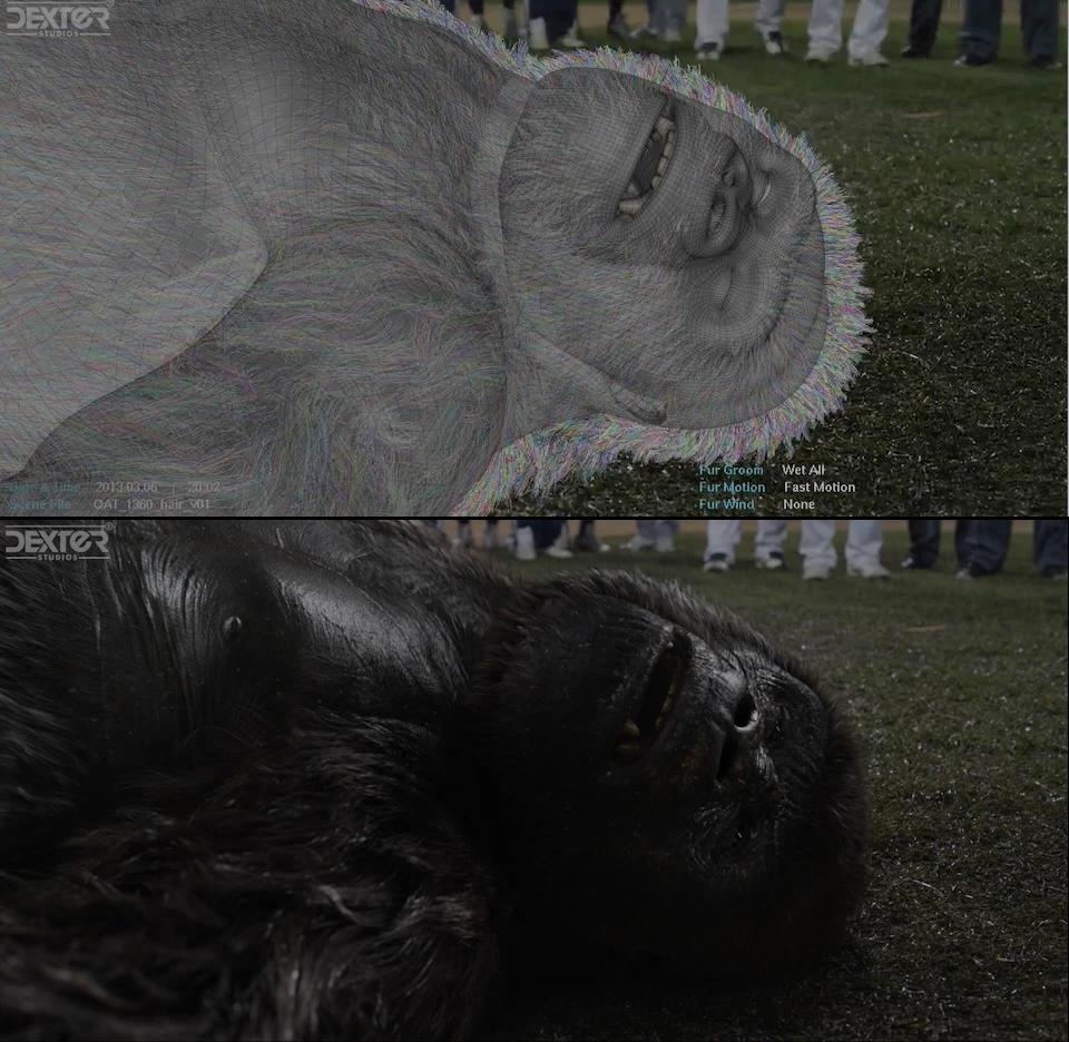 A composite image shows a production still of incomplete VFX of the gorilla from Mr. Go stacked above a still of the final shot from the film.