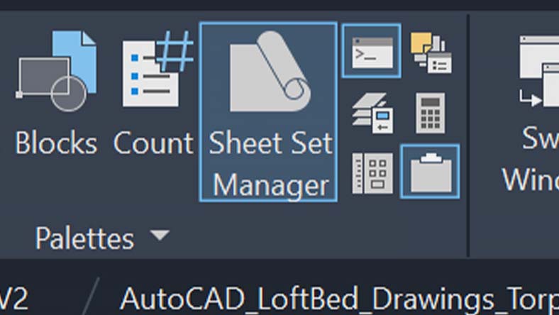 AutoCAD interface showing the Sheet Set Manager tool highlighted in the Palettes section for managing drawing sheets.