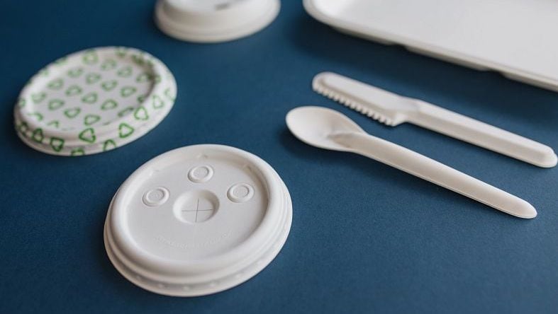 Packaging and utensils made from fiber-based material.