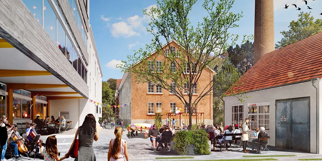  People walking around buildings.