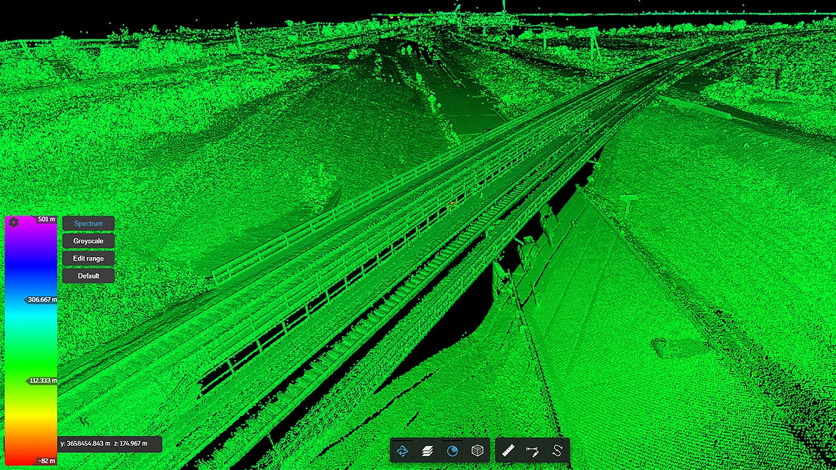 A digital visualization shows a rail line and surrounding terrain in green points.