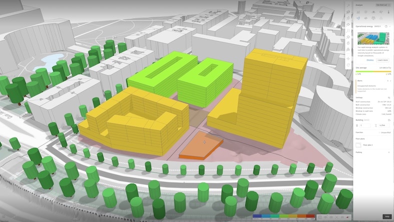 A simple rendering of a building complex uses colors to simulate energy usage.