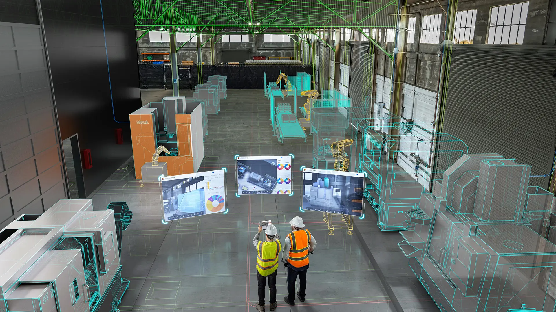 Two construction workers view virtual site structures using augmented reality and tablets.