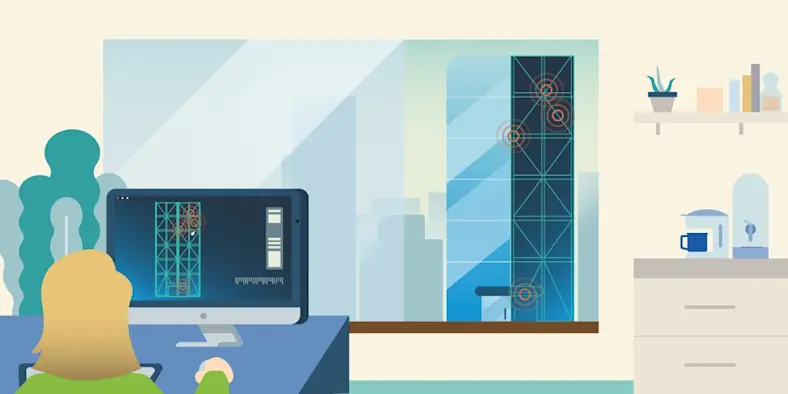 Illustration of a person looking at a digital twin of a building on a computer and the physical building outside a window