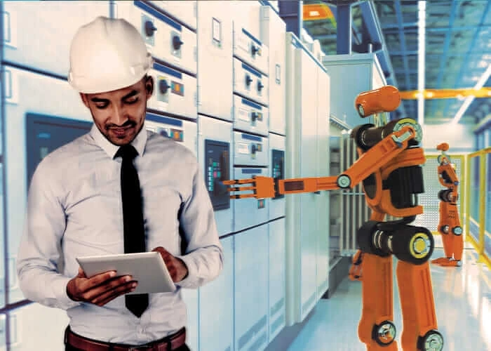 View of the future of work automation, showing a human with cobots