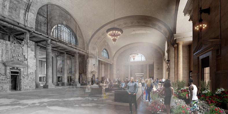 A rendering of the transformation planned for Michigan Central Station