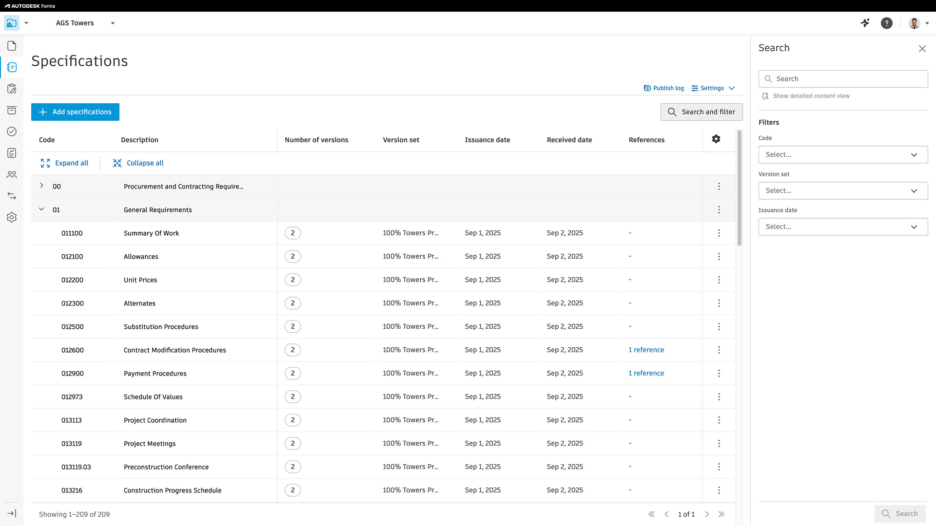 Quản lý Specifications trong Autodesk Forma