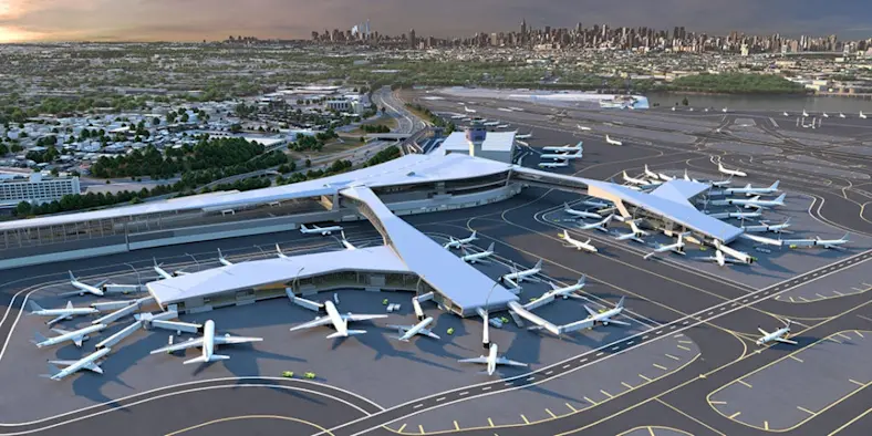 Bird's eye view of LaGuardia expansion 3D rendering airport design