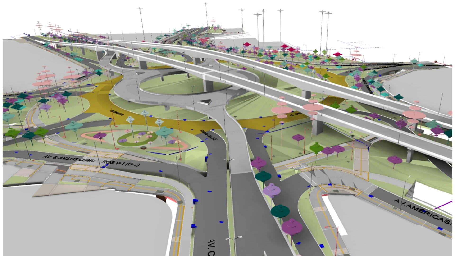 A 3D-rendered digital model of a highway interchange includes elevated roads, ramps, roundabouts, and landscaped green spaces, labeled streets and representations of trees and infrastructure elements.