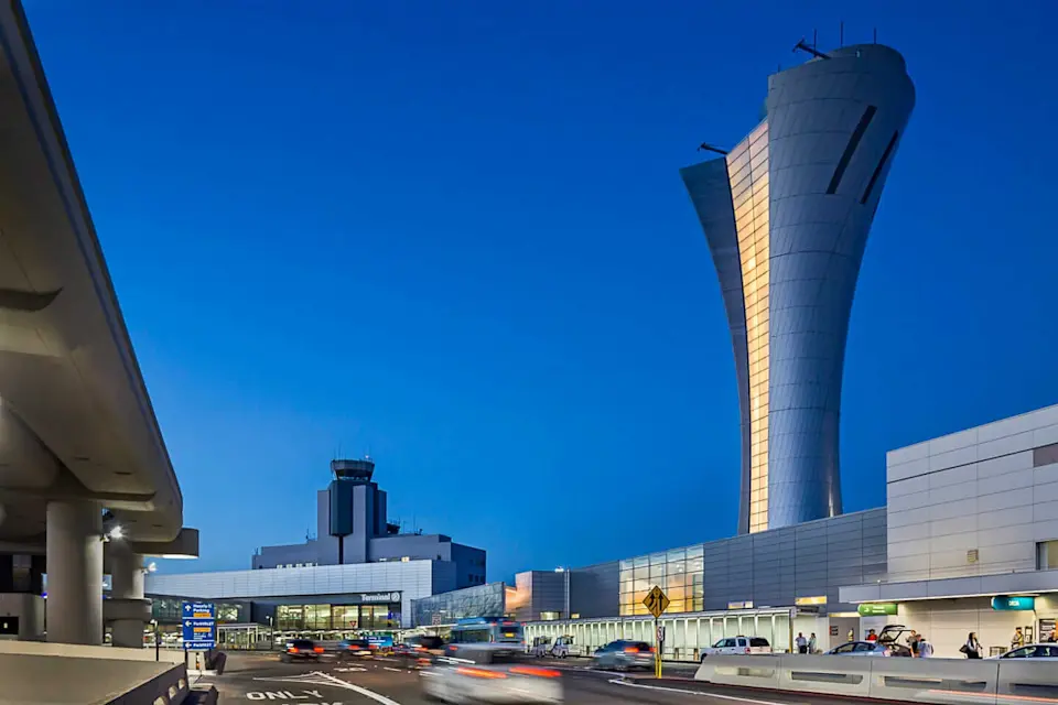 Rendering shows the seismic design of the San Francisco Aiport air traffic control tower. 