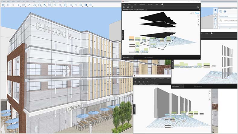 A 3D illustration of a modern building is overlaid with design tools.