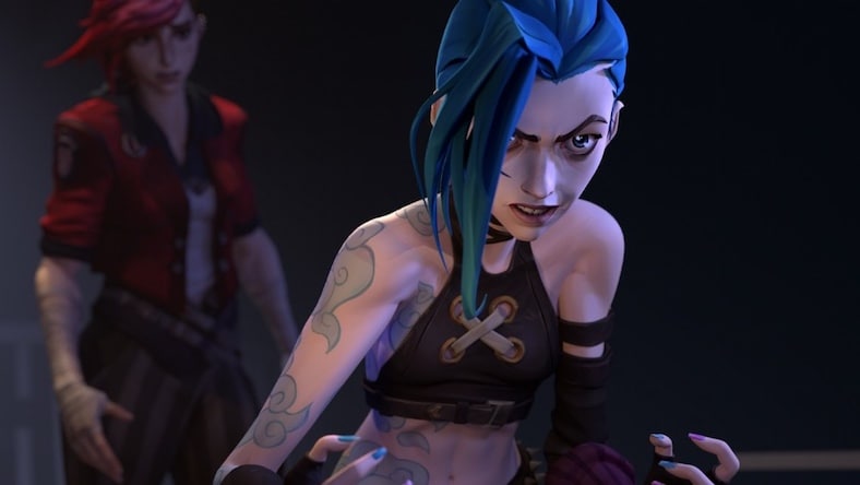 Two animated characters from the Netflix series Arcane: League of Legends appear in a still from the film made for the Riot Games’ Worlds 2021 opening show.