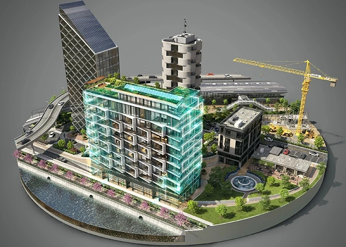 digital 3D model of a city with construction vehicles