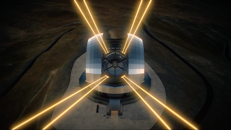An illustration of how the European Southern Observatory's Extremely Large Telescope will look as it shoots lasers into the sky.