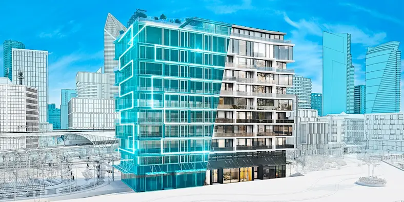 A blended image of half of a digitally drawn building with half of a real image of the building set in a cityscape. 