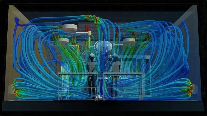 Rendering of MEP systems for a building with simulation lines.