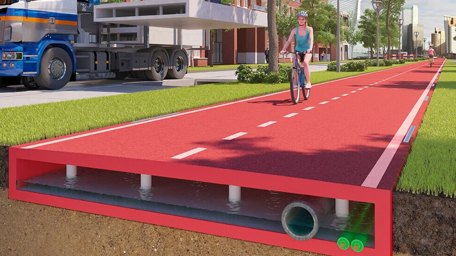 Rendering of road made of plastic, with woman cycling