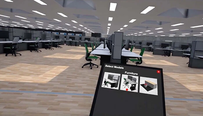 Room designs are viewed and modified within a VR interface. 