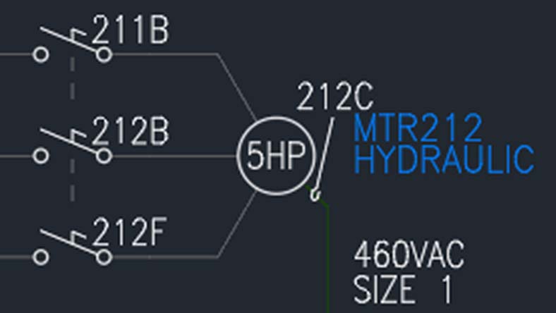 Electrical schematic depicting a hydraulic motor (MTR212) with 460VAC power, connected through switches