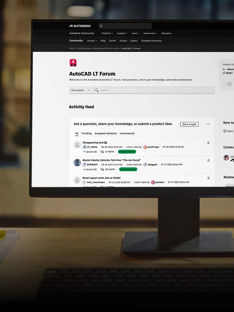 Computer screen displaying the AutoCAD LT Forum with activity feed, showing user discussions and accepted solutions.