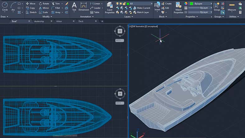 An illustration shows 3D boat design and blueprint layout in CAD software.