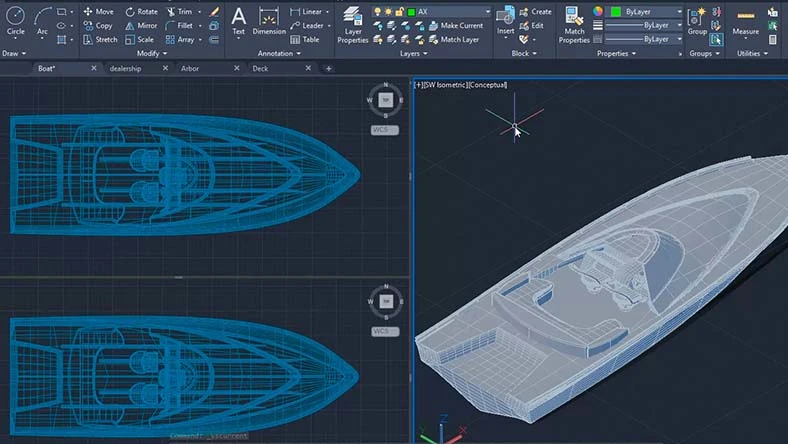 An illustration shows 3D boat design and blueprint layout in CAD software.