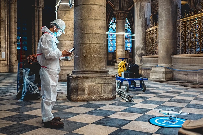 AGP engineers on-site at Notre-Dame collecting 3D data using a drone