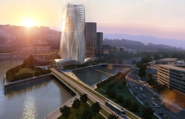 3D rendering of design proposal by Zaha Hadid Architects for the BBK Headquarters Building in Bilbao, Spain.