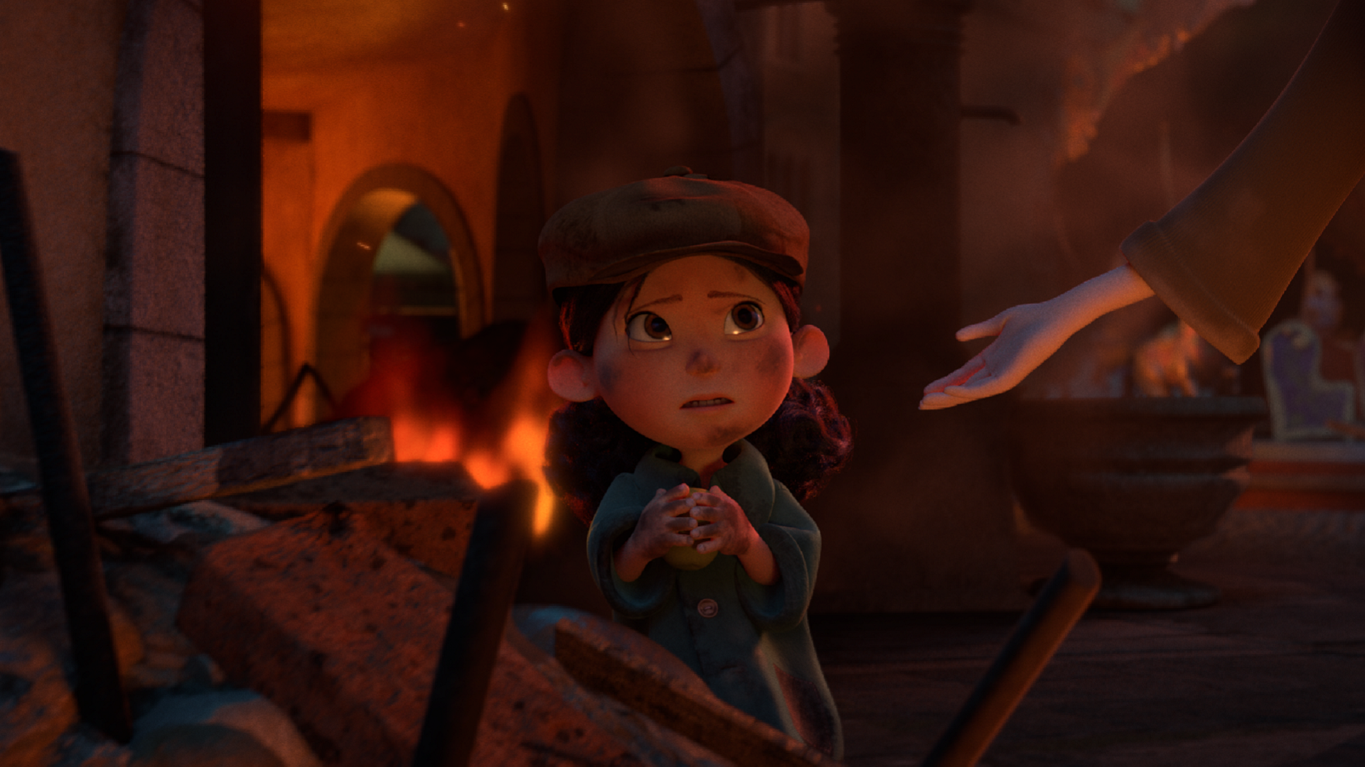 Scene from the animated film Mila shows a woman’s hand reaching out to a wary little girl in a room lit by firelight.