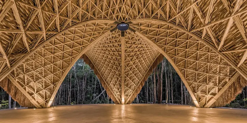 Interior view of an intricate bamboo structure