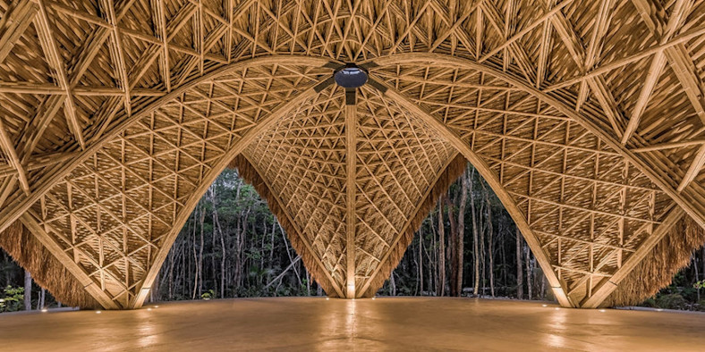 Interior view of an intricate bamboo structure
