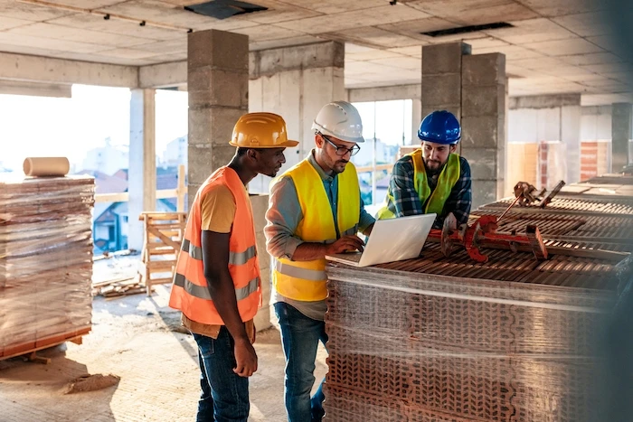 Three men consult a laptop on a construction site