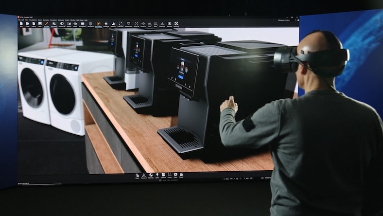 A composite image shows a man wearing a VR headset and 3D models of home appliances in software windows.