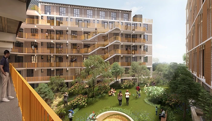 rendering of the courtyard of Zima Homes