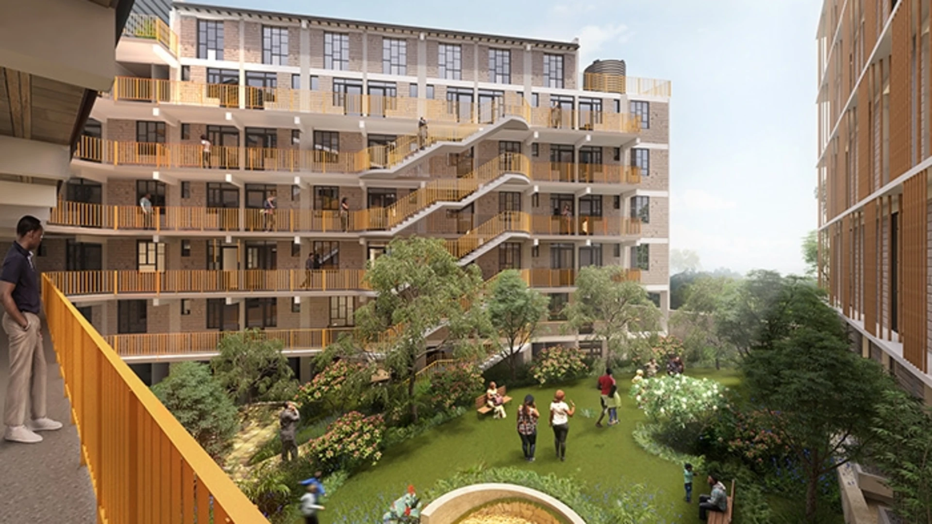 rendering of the courtyard of Zima Homes