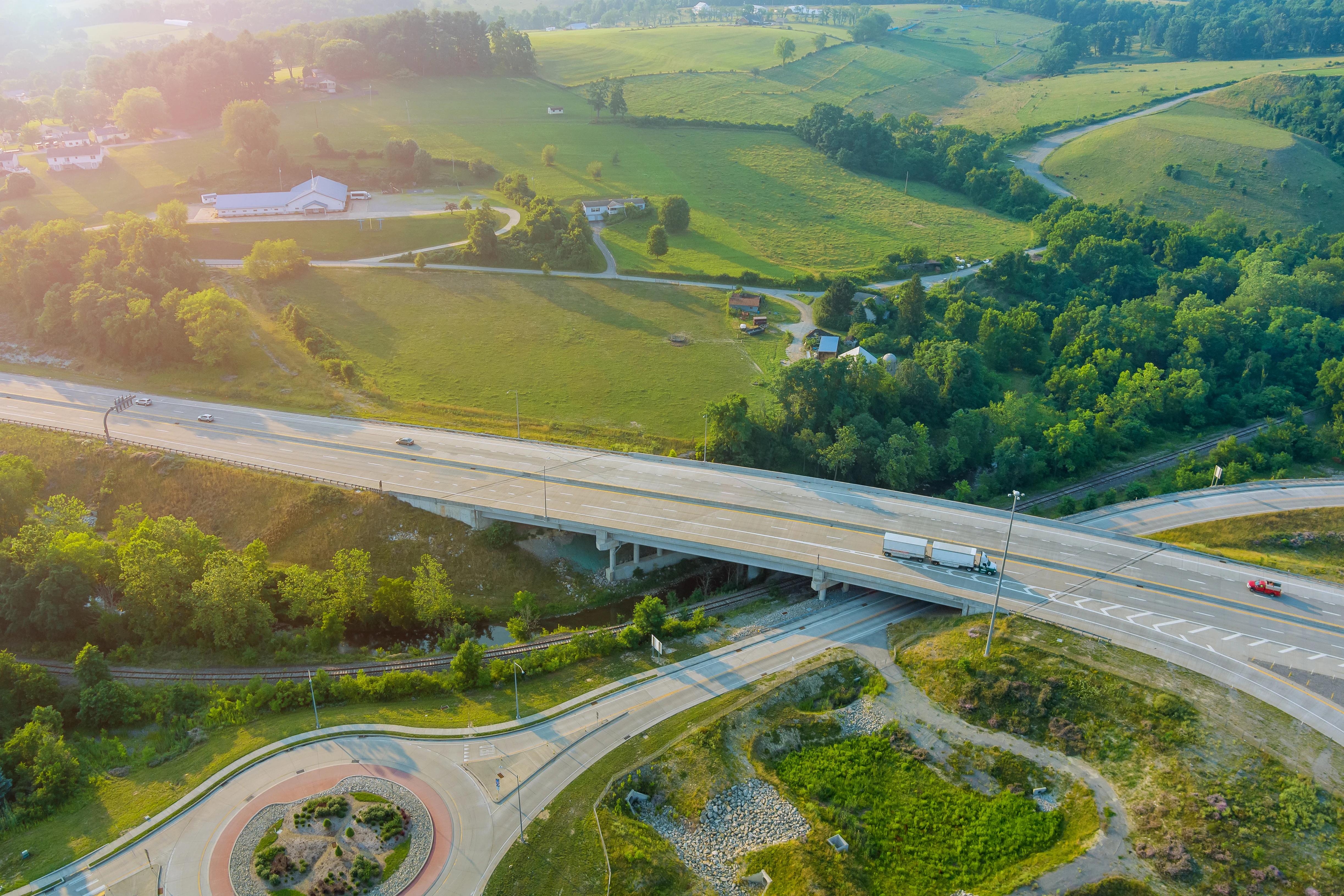 Roundabout in Pennsylvania surrounded by farmland