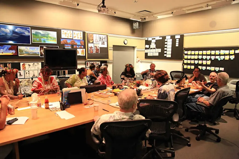 Animators meet in a conference room to discuss Moana's story.