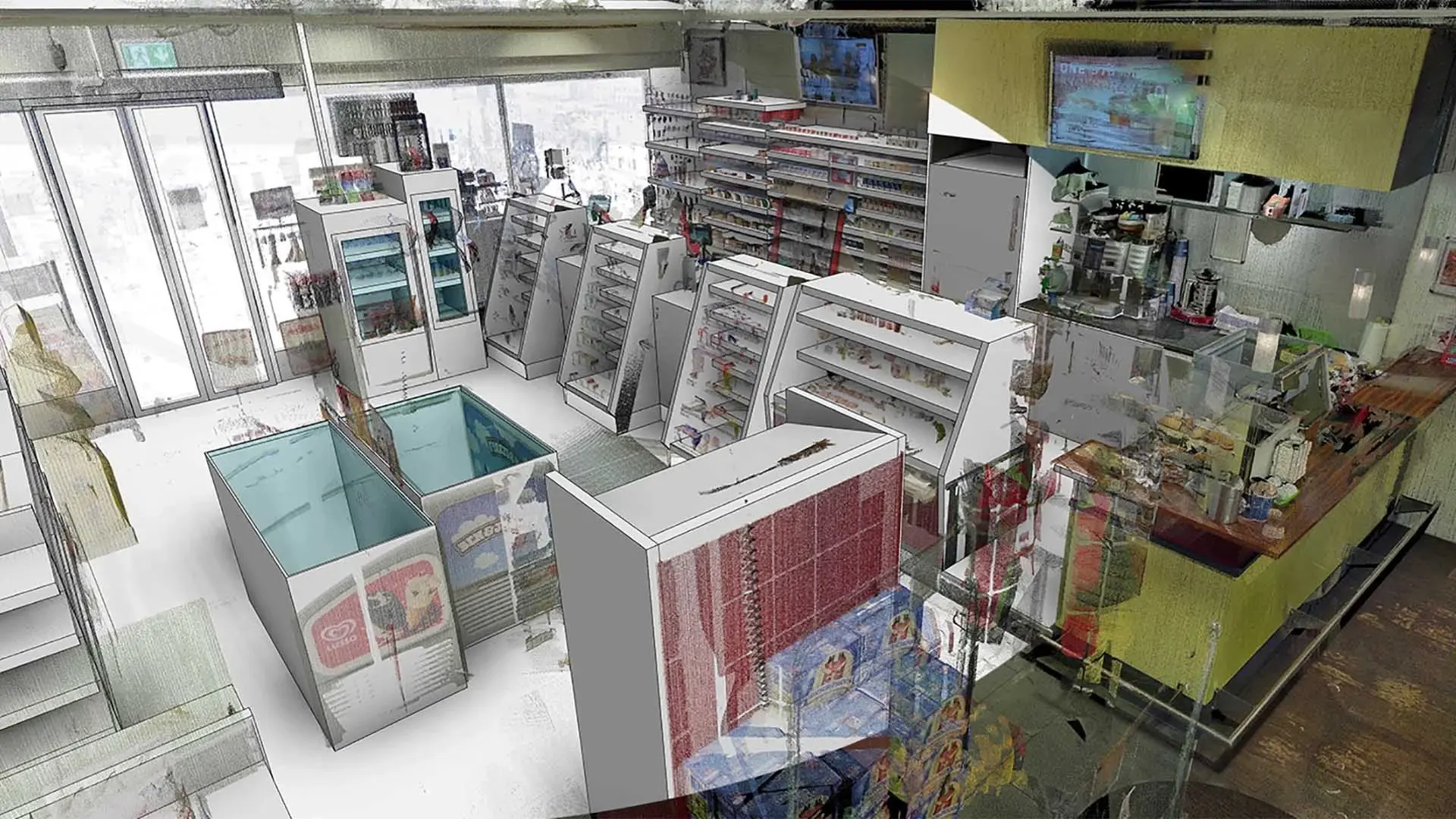 A point cloud scan of a convenience store.