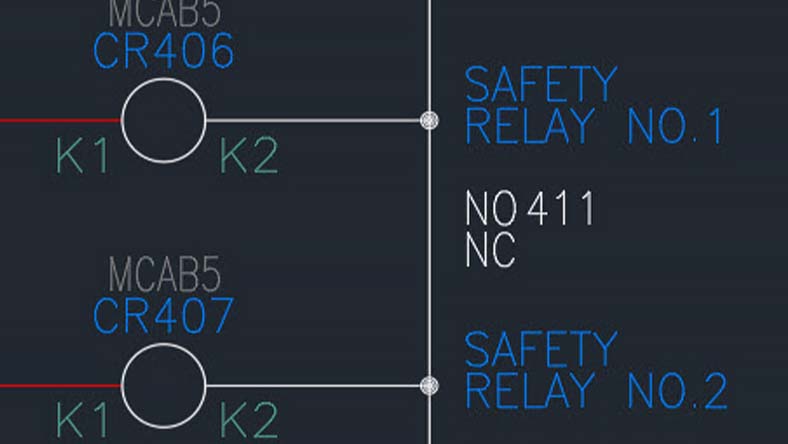 Electrical schematic showing relays CR406 and CR407 connected to Safety Relay No.1 and No.2