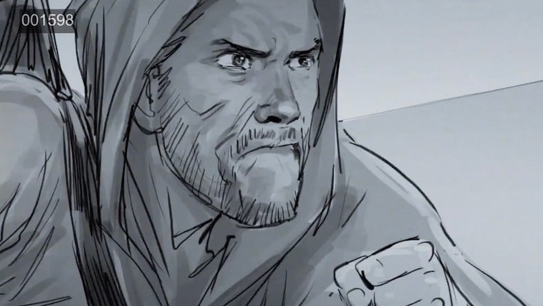 Sketch from an animation storyboard showing a man running